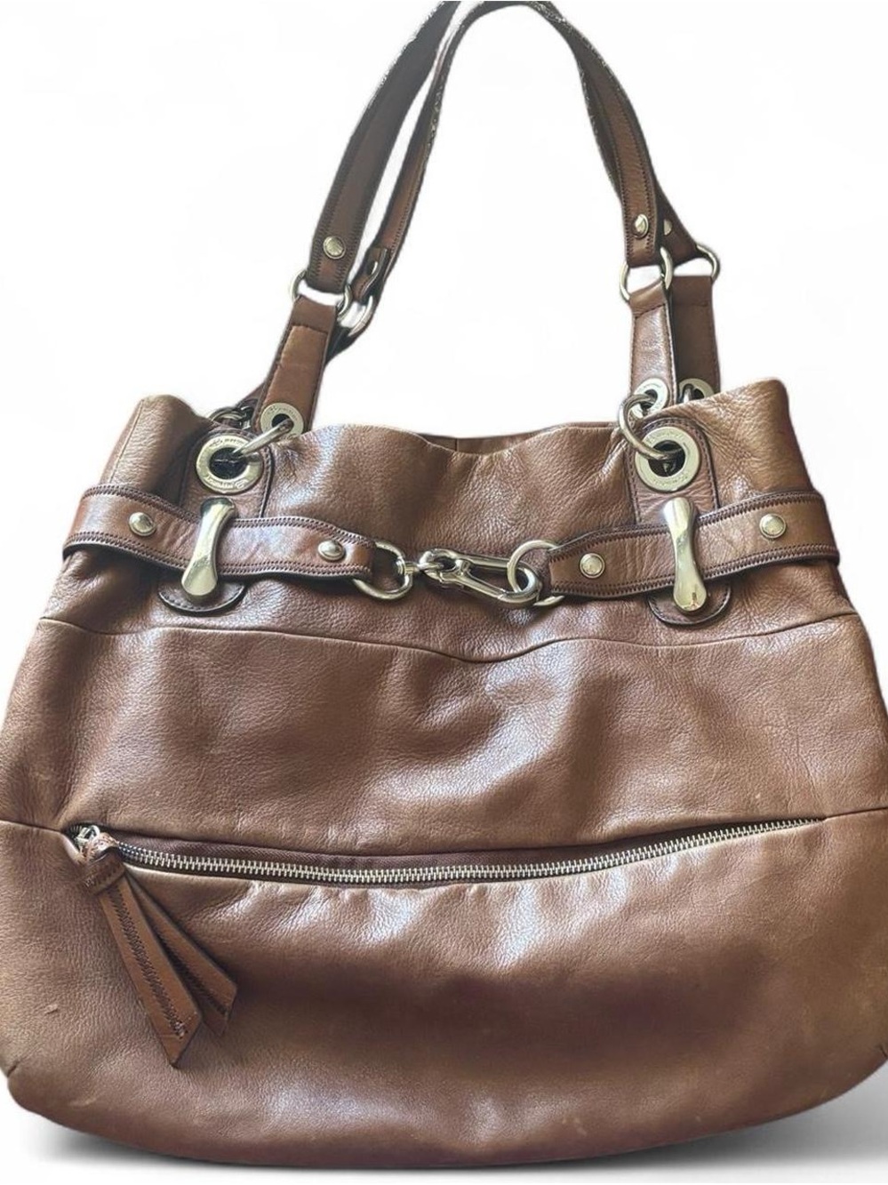 B. Makowsky Brown Leather Tote Handbag with Metal Hardware